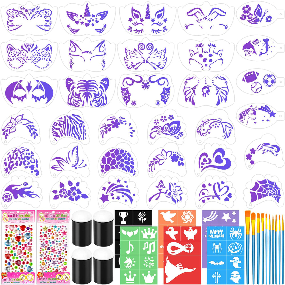 Flasoo kit-pochoirs-visage-55pcs facilite des motifs festifs et rapides pour le visage.