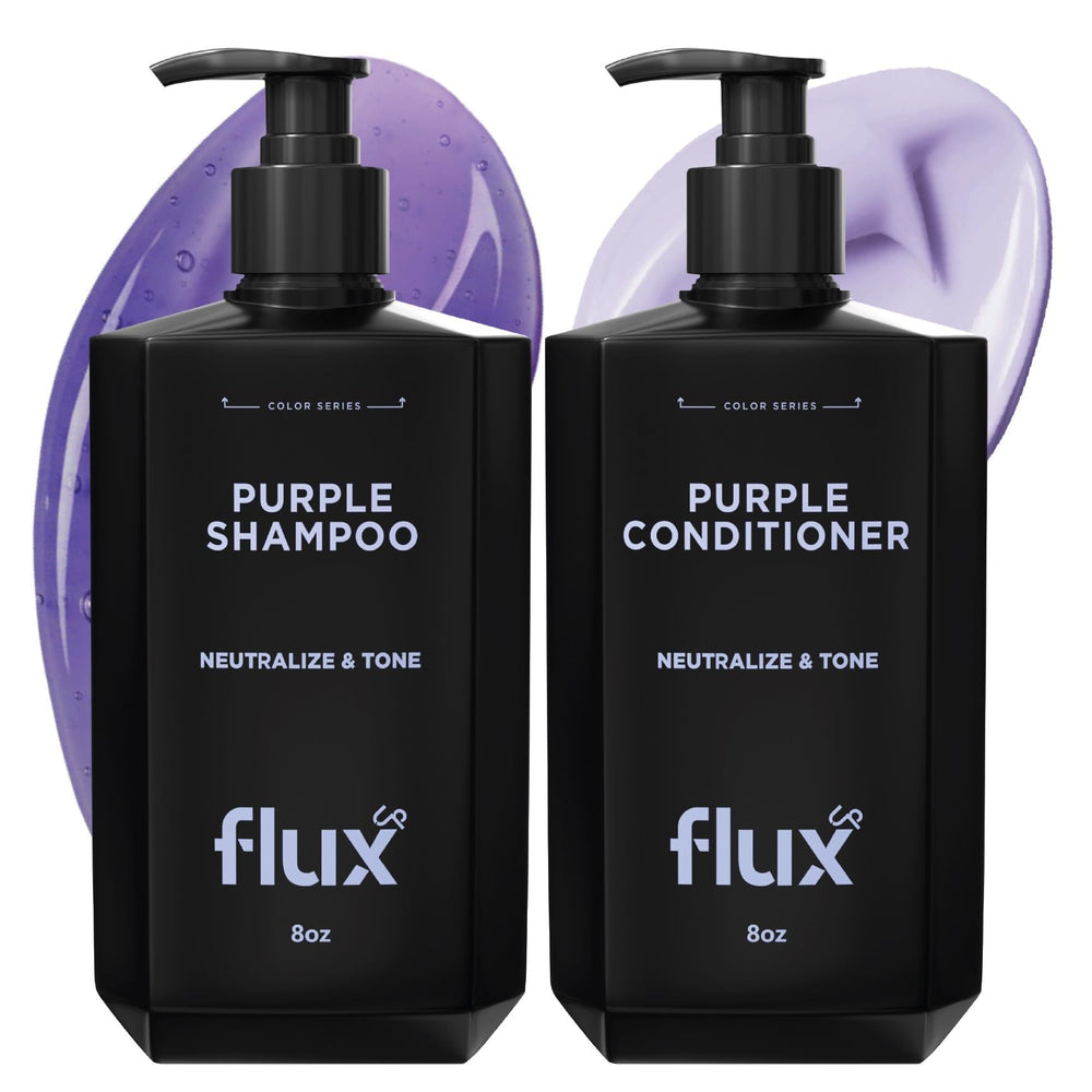 FLUX UP Purple Shampoo bottle neutralizes brass for cooler blonde tones