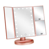 Flymiro Tri-fold miroir maquillage rose doré éclairé pour un maquillage précis.