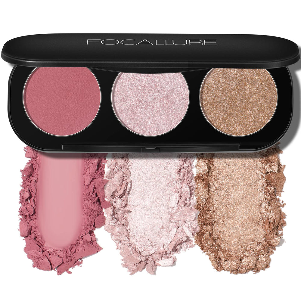 FOCALLURE palette 3 en 1 blush et illuminateur, fini mat pour un teint frais.