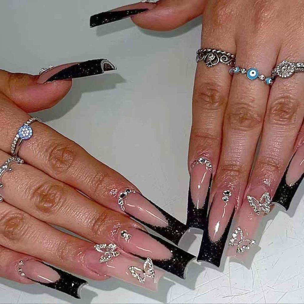Ongles Foccna longs avec strass rose pour un look élégant et durable