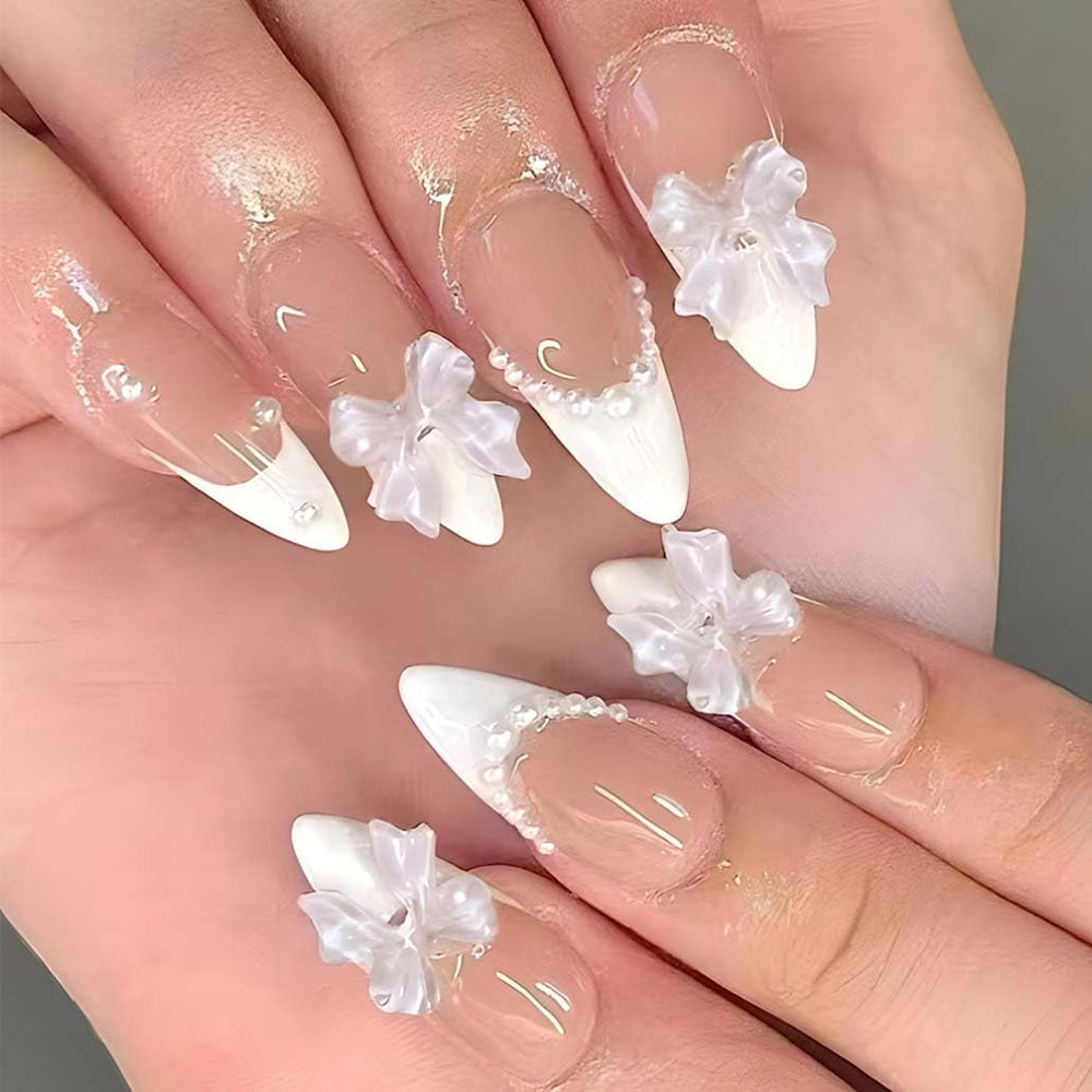 Ongles Foccna presse amande moyenne en perle blanche, effet brillant 3D
