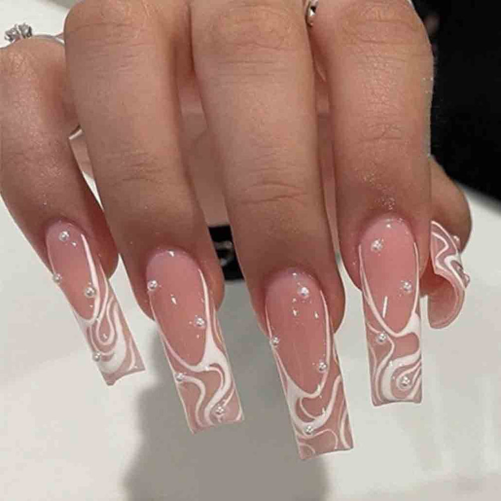 Ongles Foccna presse-carre long perle rose, fini brillant et durable.