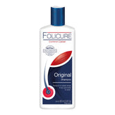 Folicure Shampoo bottle on bathroom counter for gentle cleansing and moisture.