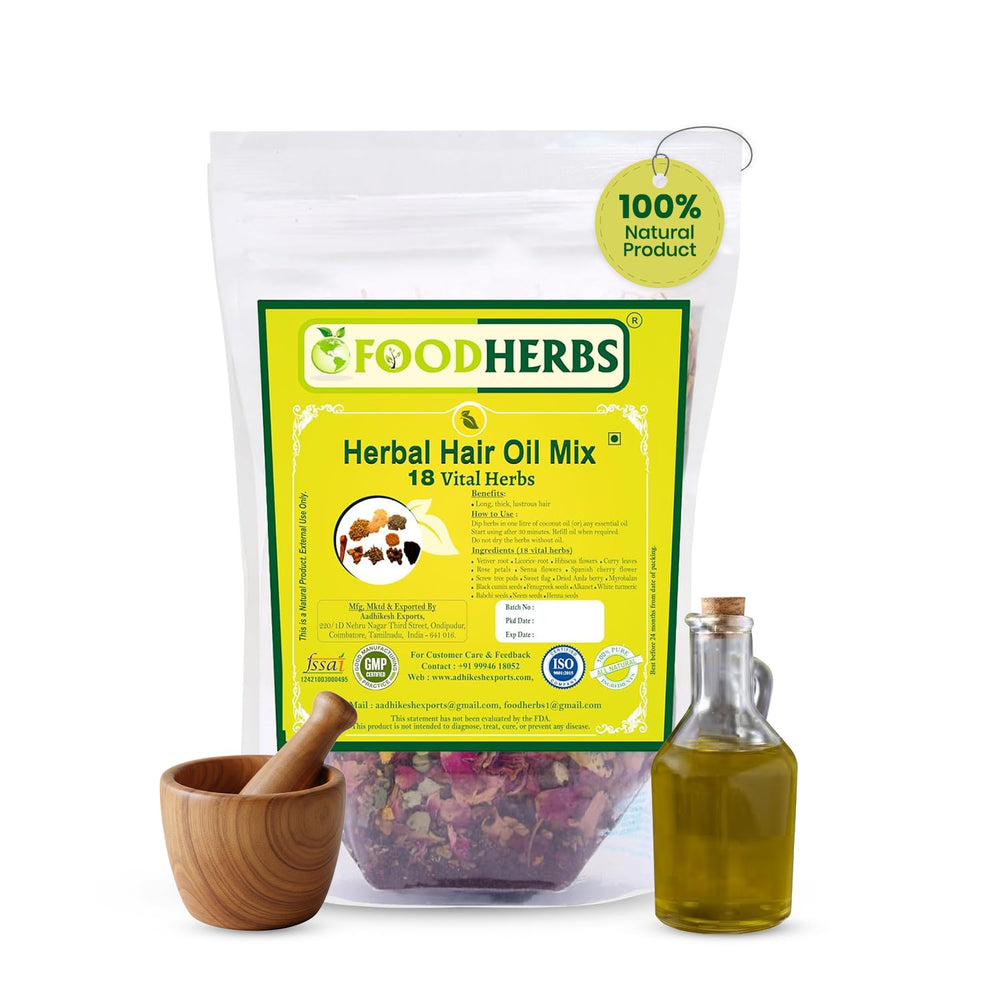 Foodherbs huile cheveux melange 18 herbes en bouteille pour cheveux plus forts et éclatants.