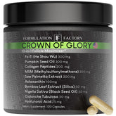 Crown of Glory par Formulation Factory: bouteille et étiquette dévoilant sa formule 10-en-1.