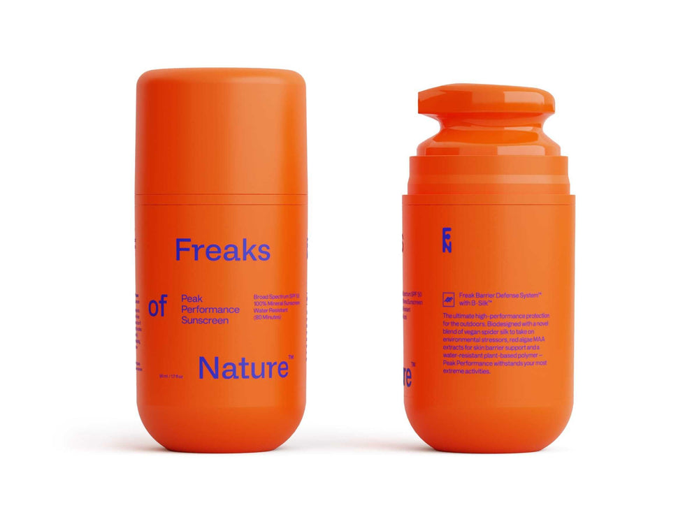 Freaks of Nature Peak Performance SPF50 – bouteille minérale et protection durable.