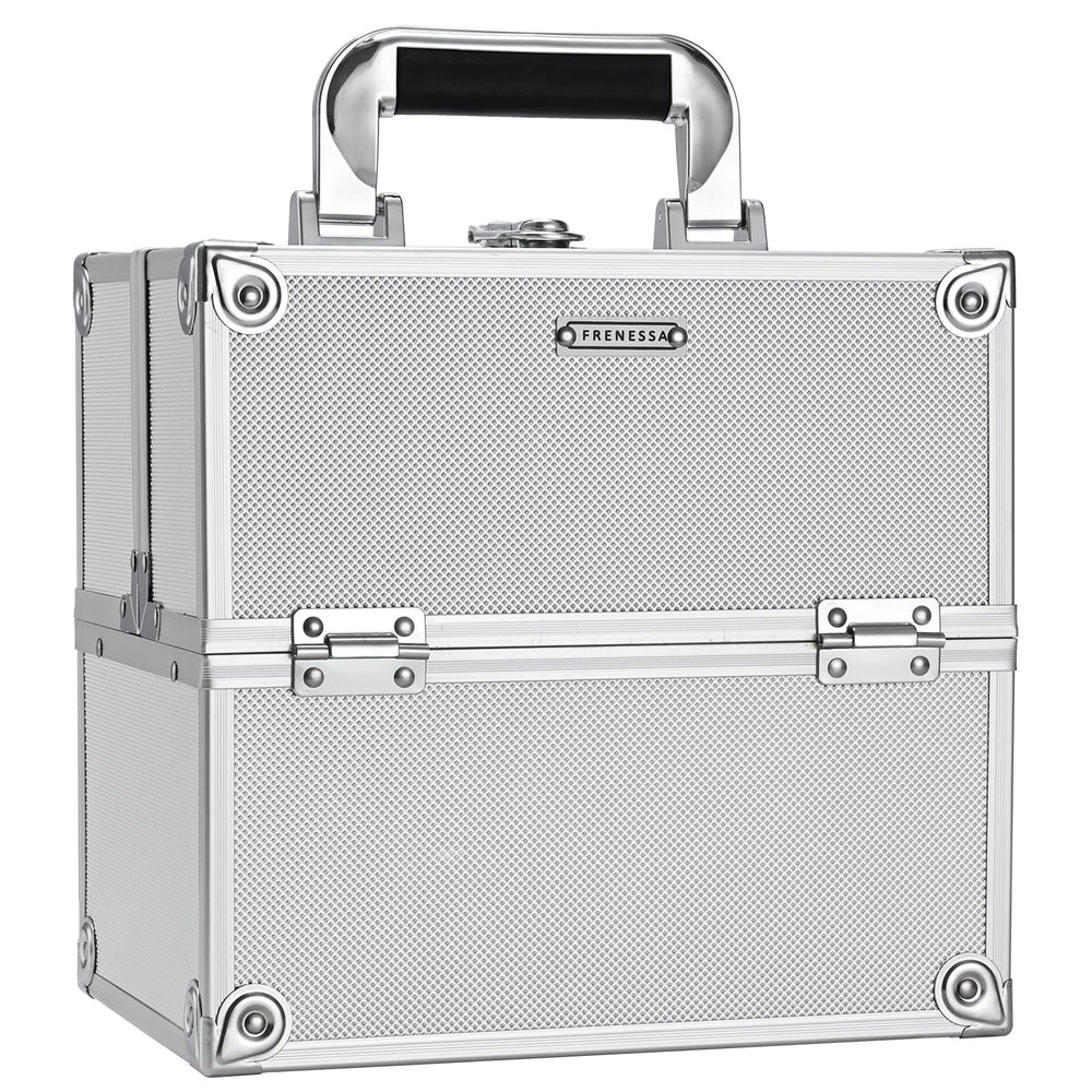 Coffret FRENESSA en aluminium brillant, durable et protecteur pour le maquillage.
