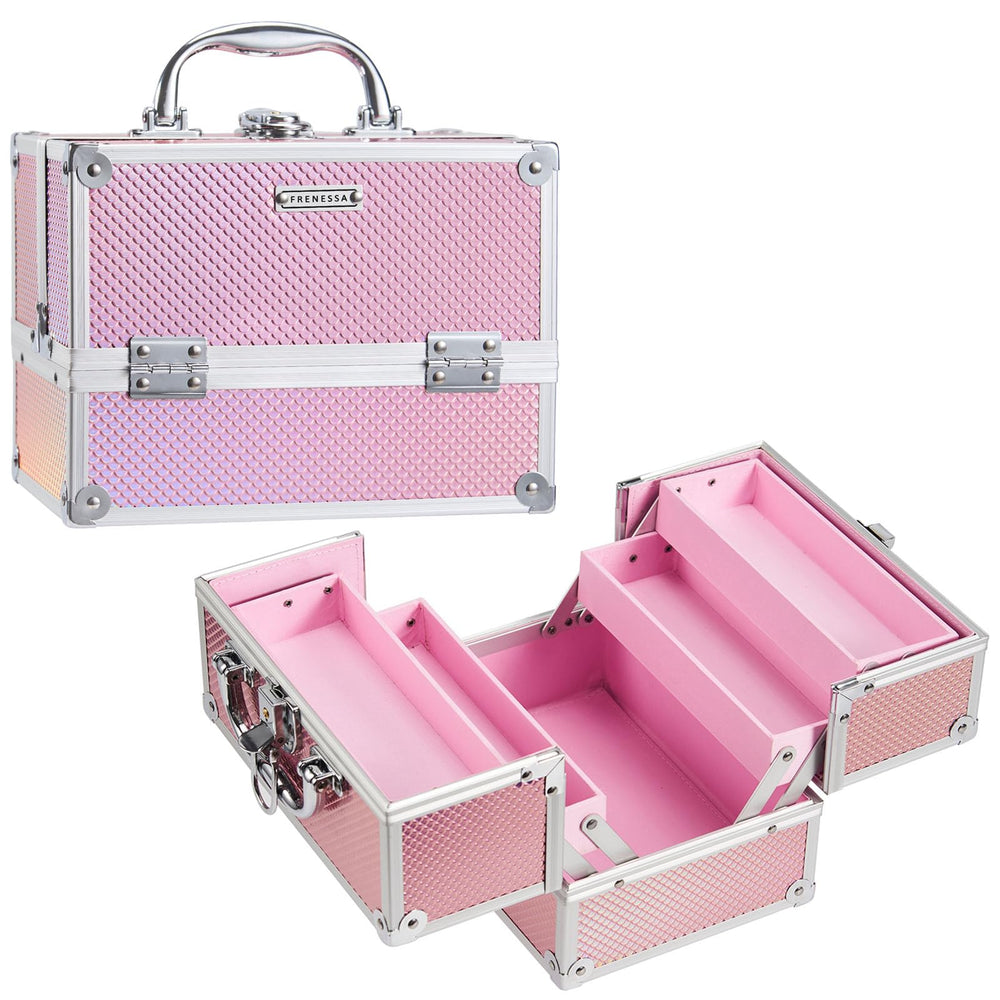 Coffret FRENESSA Mermaid Pink, vue extérieure lumineuse, idéal voyage et rangement élégant.