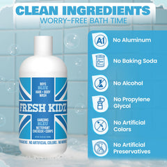 Fresh Kidz: etiquette-sans-sulfates, formule douce et sûre pour enfants.