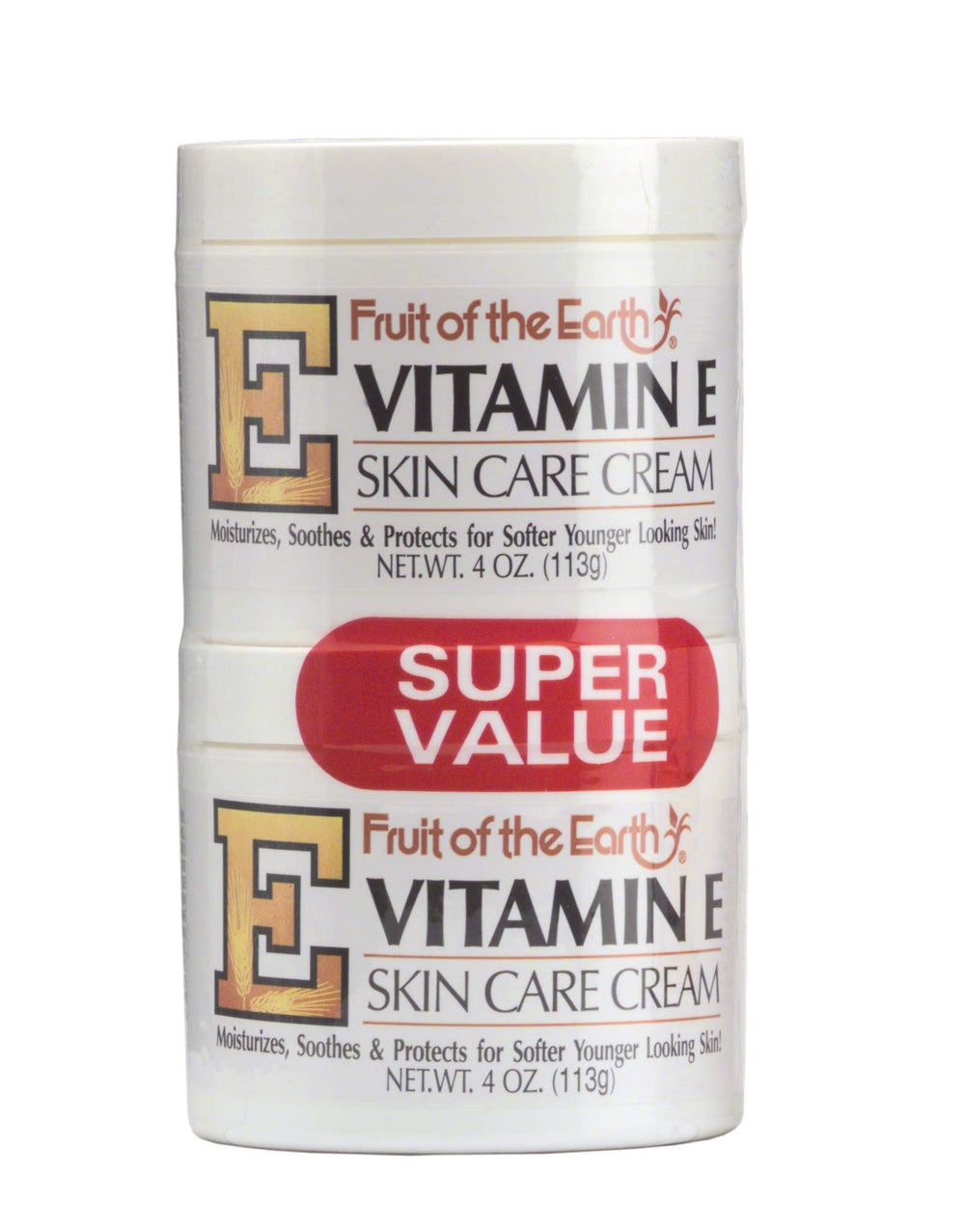 Crème vitamine E Fruit of the Earth, bocal 118 ml, hydratation quotidienne pour peau sèche.
