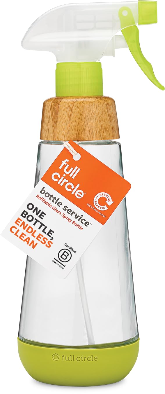 Flacon pulvérisateur Full Circle en verre 16oz prêt à être rechargé pour usage durable.