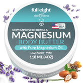 Full Eight magnesium body butter jar shows rich texture for deep tissue comfort.