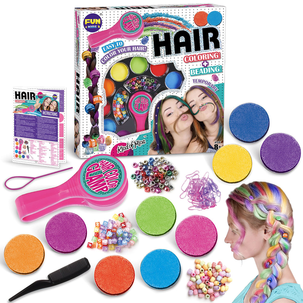 FunKidz kit tressage pour enfants avec accessoires pour coiffures colorées.