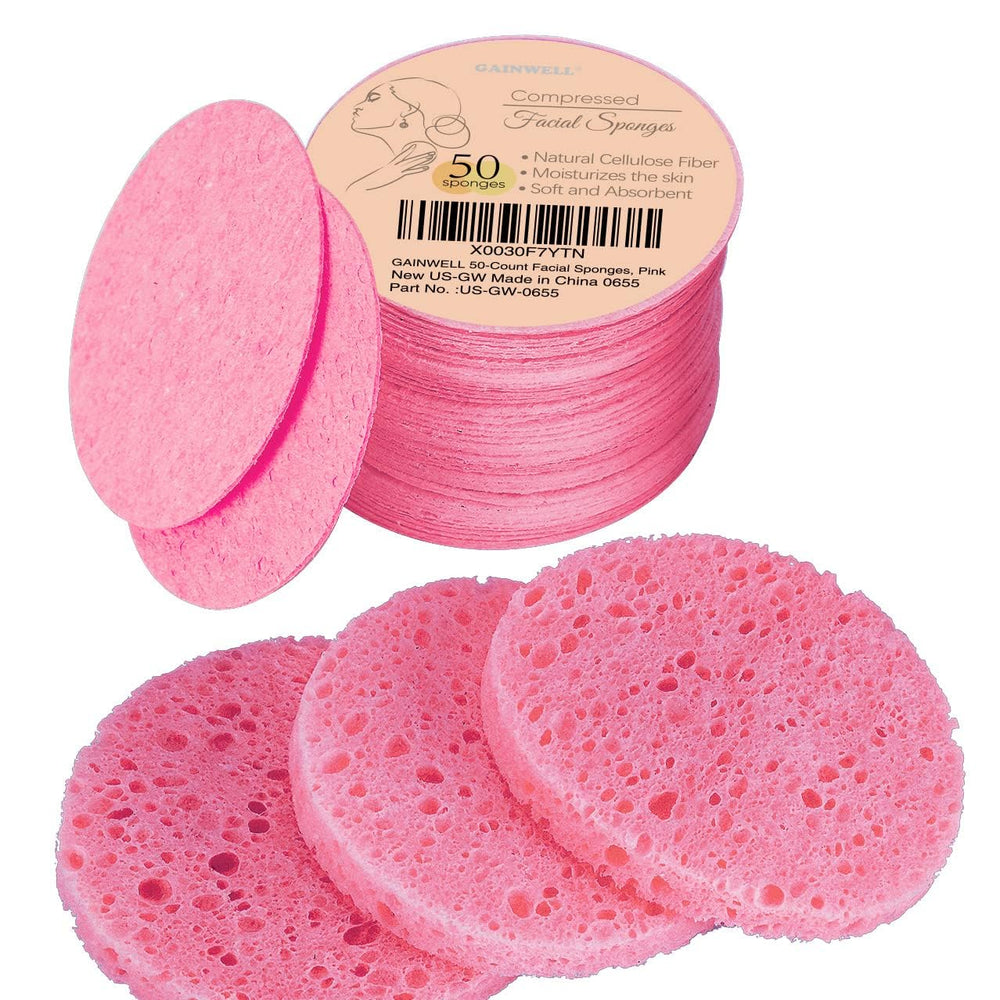 Éponge GAINWELL pour visage compressée rose, idéale pour un démaquillage quotidien en douceur.