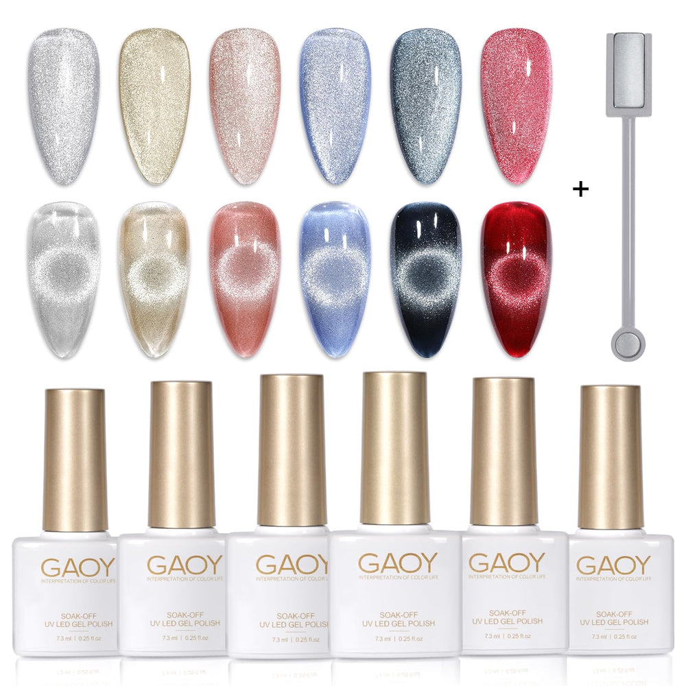 GAOY holographic glitter cat eye gel polish set with six colors for chic DIY nails