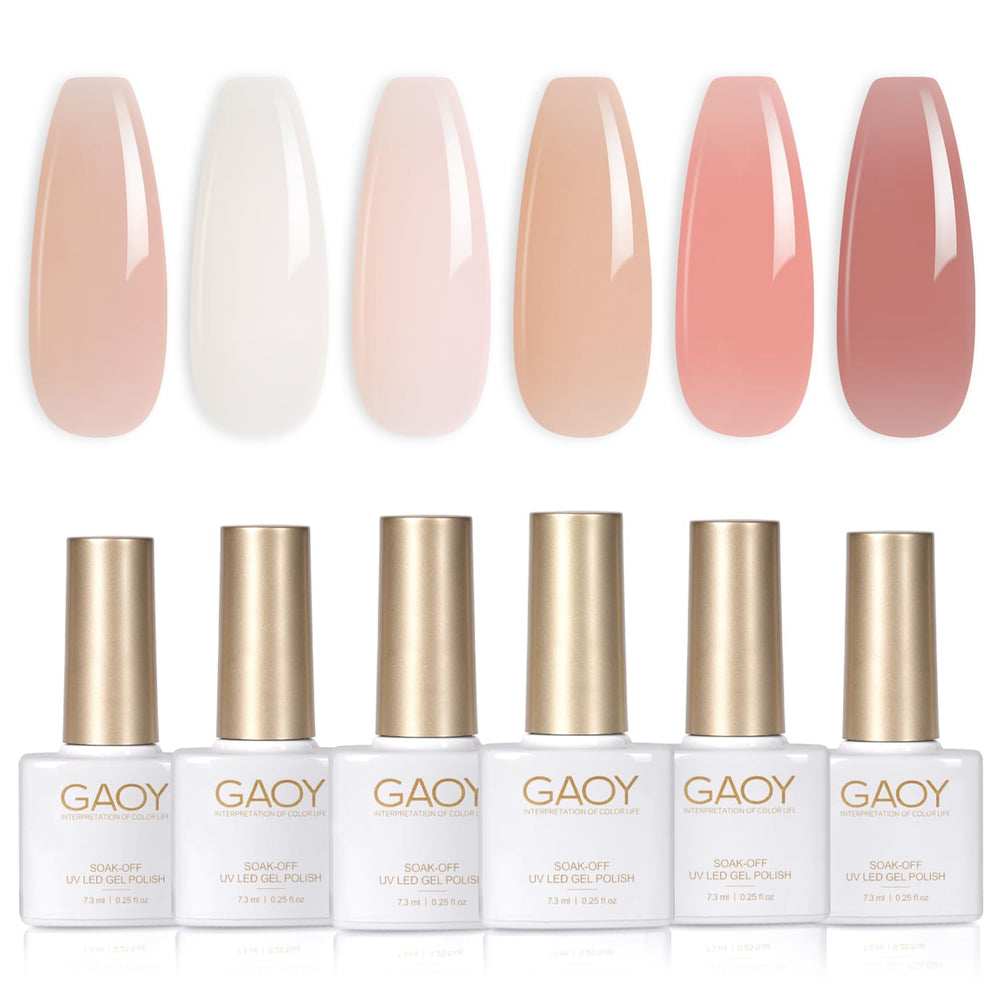 GAOY Milky Jelly Nude bottles with swatches showing sheer to opaque options for versatile nails.