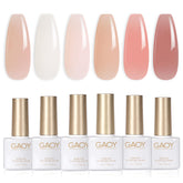 GAOY Milky Jelly Nude bottles with swatches showing sheer to opaque options for versatile nails.