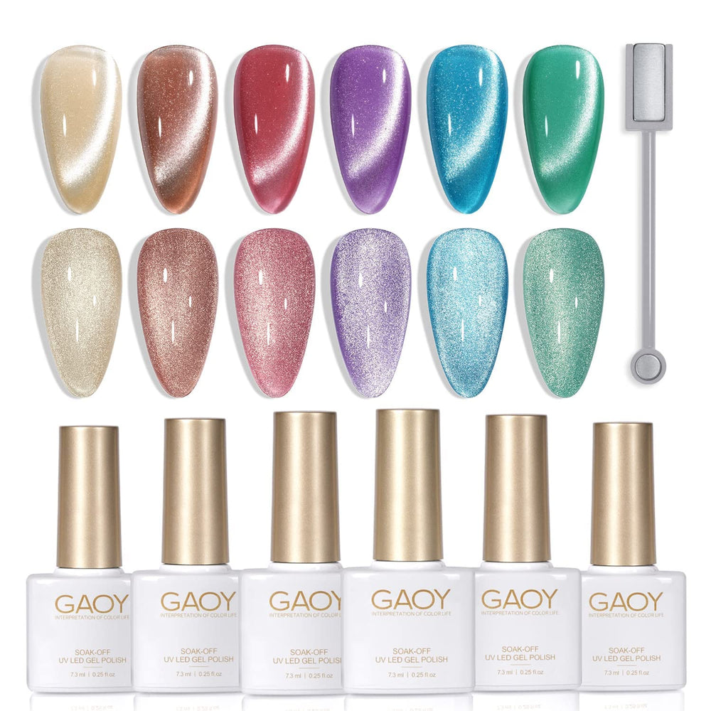 GAOY vernis gel effet oeil-de-chat violet avec paillettes, rendu profond et brillant.