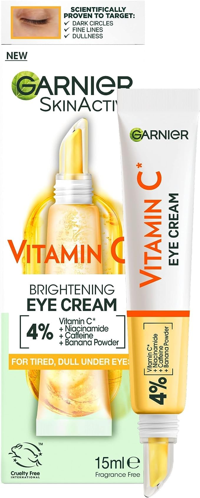 Garnier Crème Yeux vitamine C 4% — bouteille prête pour un regard lumineux.