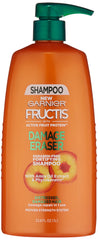 Garnier Fructis Damage Eraser Shampoo, bouteille identifiable, renforce les cheveux dès le premier lavage.