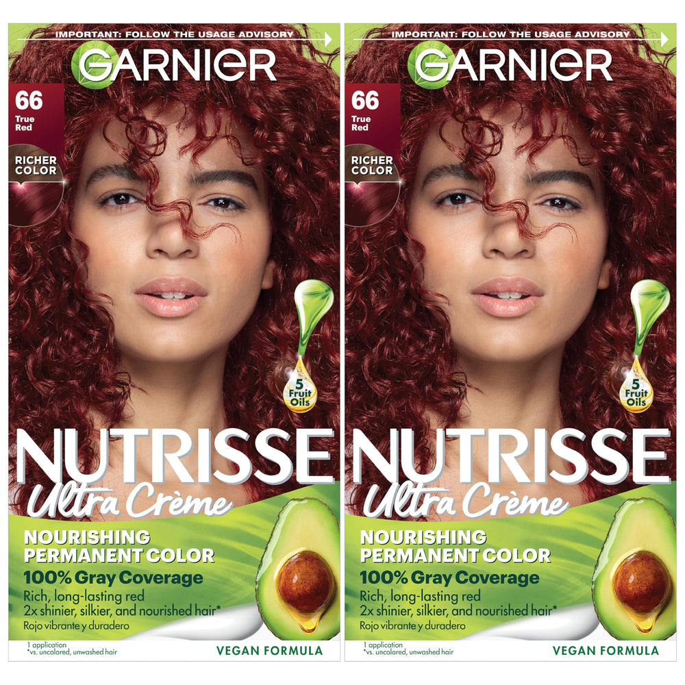 Garnier Nutrisse, bouteille teinte rouge vrai, couleur durable et nourrissante.