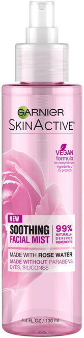 Garnier SkinActive Rose Water Mist bottle closeup for refreshing hydration.