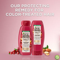 Après-shampooing Garnier Whole Blends Color Care, usage quotidien pour cheveux colorés et éclat.