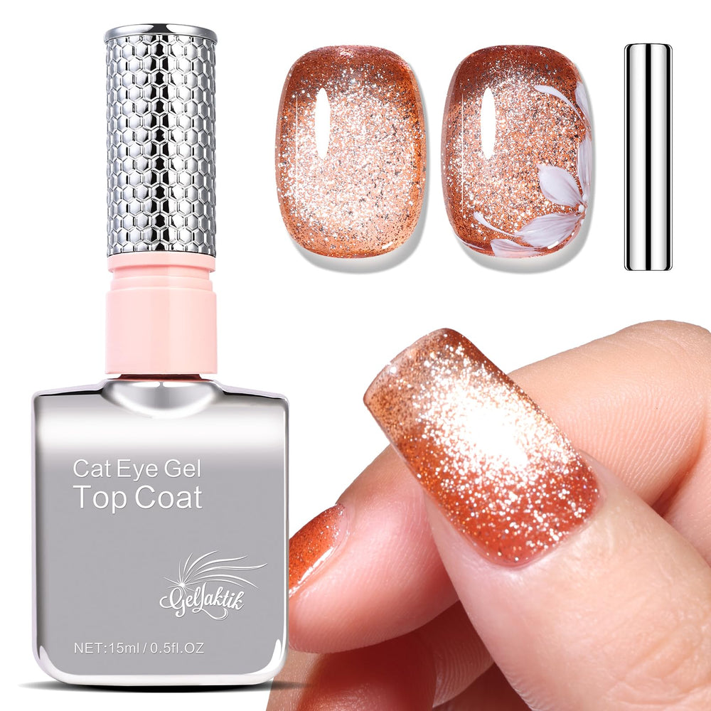 GELLAKTIK bouteille caramel brun avec œil de chat, rendu élégant et rapide.