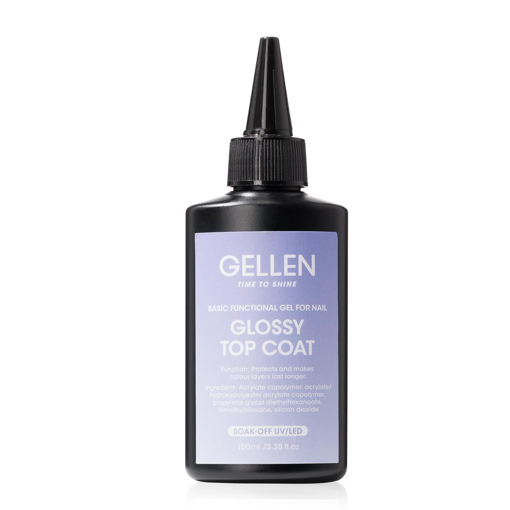 Gellen Top Coat 100ml – vue bouteille, finition lisse et longue tenue pour ongles.