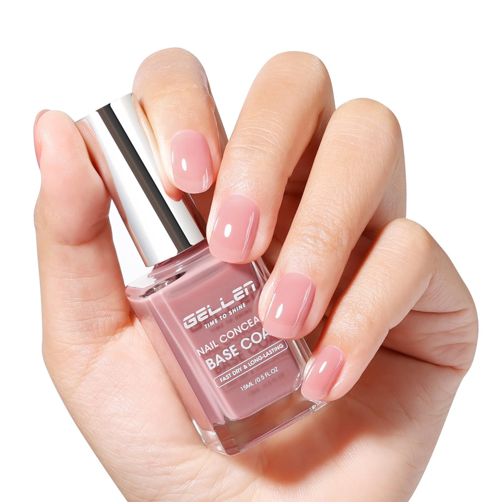 GELLEN 4-en-1 vernis-base correcteur rose poudré sur bouteille, couvrance naturelle.