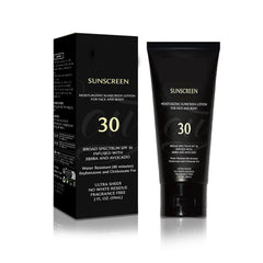 Crème solaire générique pour peau noire – bouteille SPF 30, protection UV nette et discrète.