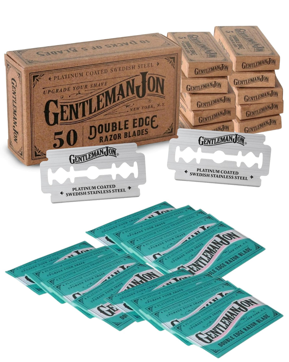 Gentleman Jon pack 50 lames double tranchant platine pour rasage durable.
