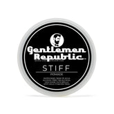 Gentlemen Republic Stiff Pomade sur bouteille, tenue ferme et brillance.