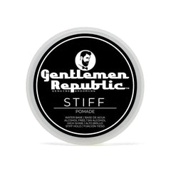 Gentlemen Republic Stiff Pomade sur bouteille, tenue ferme et brillance.