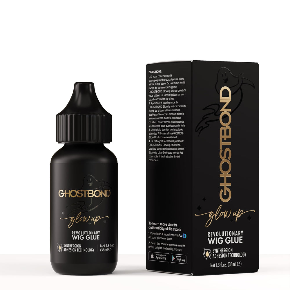 GHOSTBOND Glowup en flacon montre l'adhérence longue durée pour perruques et systèmes lace.