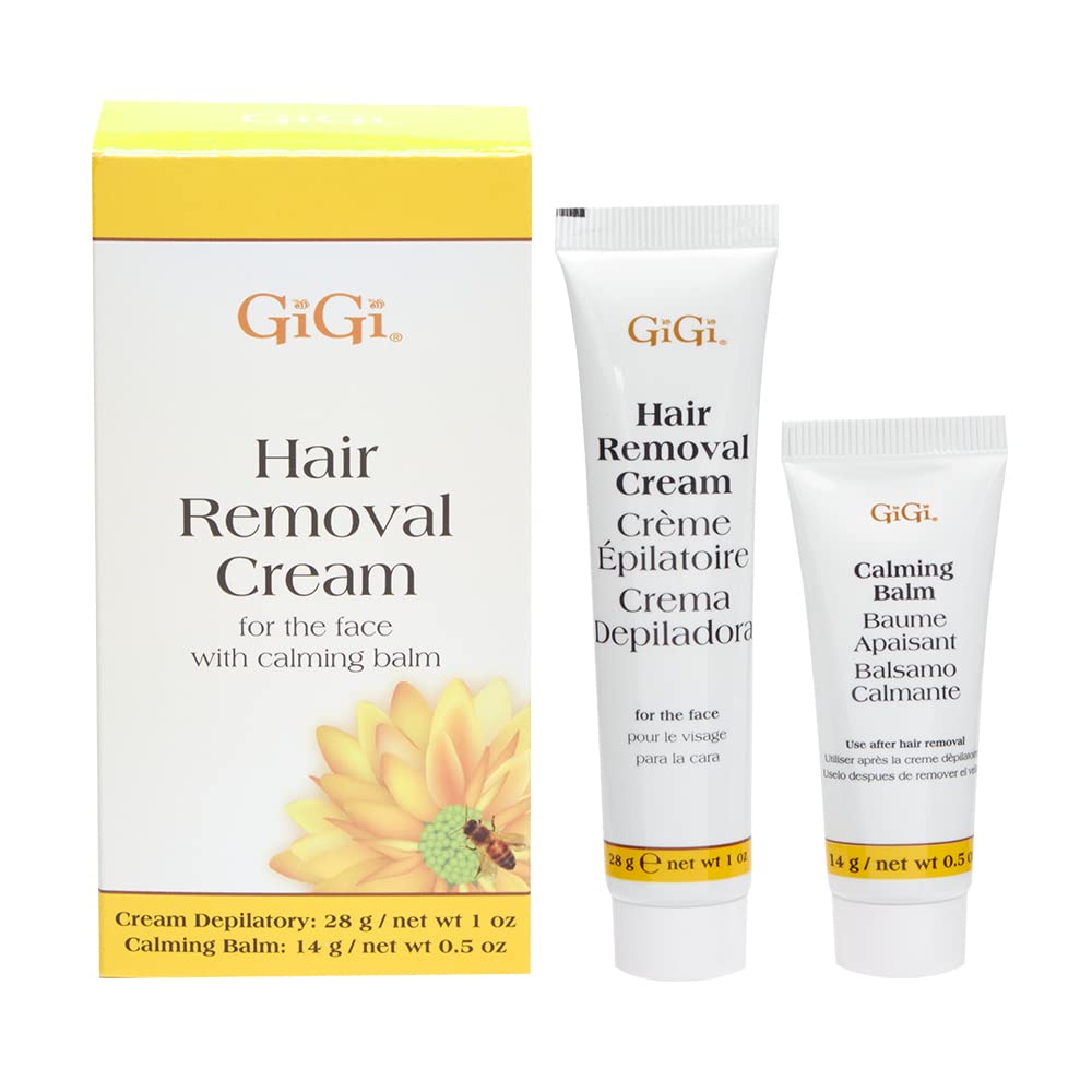 Crème dépilatoire GiGi pour visage, application facile et poils dissous.