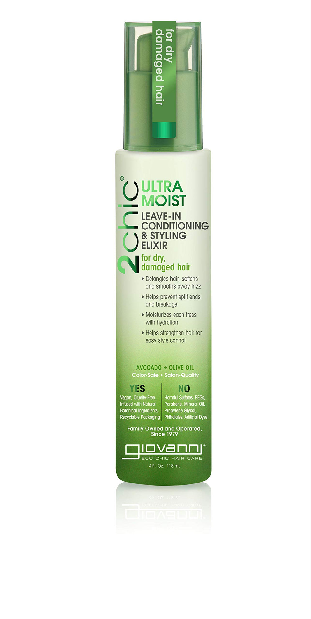 GIOVANNI 2chic Élixir, bouteille en gros plan, hydratation durable pour cheveux secs.