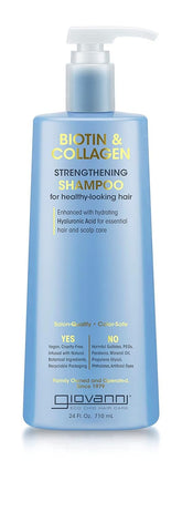 Giovanni Biotin & Collagen Shampoo bottle front highlights strength boost and added volume.