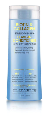 GIOVANNI Biotin & Collagen Leave-In sur sa bouteille, revitalisant et nourrissant les cheveux.
