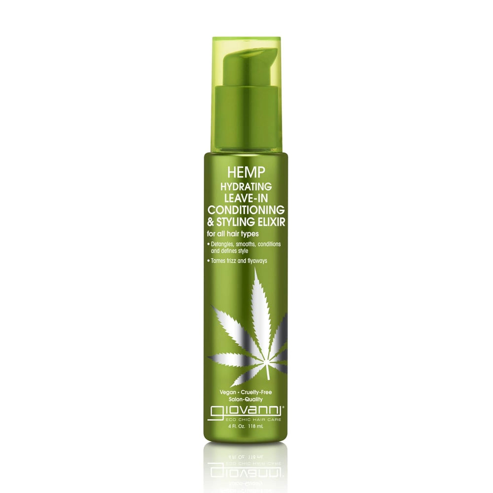 GIOVANNI chanvre-hydratant-elixir – bouteille élégante démêle et hydrate les cheveux.