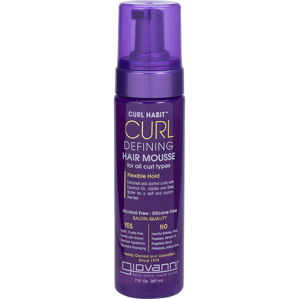 GIOVANNI Curl Habit Mousse – bouteille definissante pour boucles souples et brillantes.