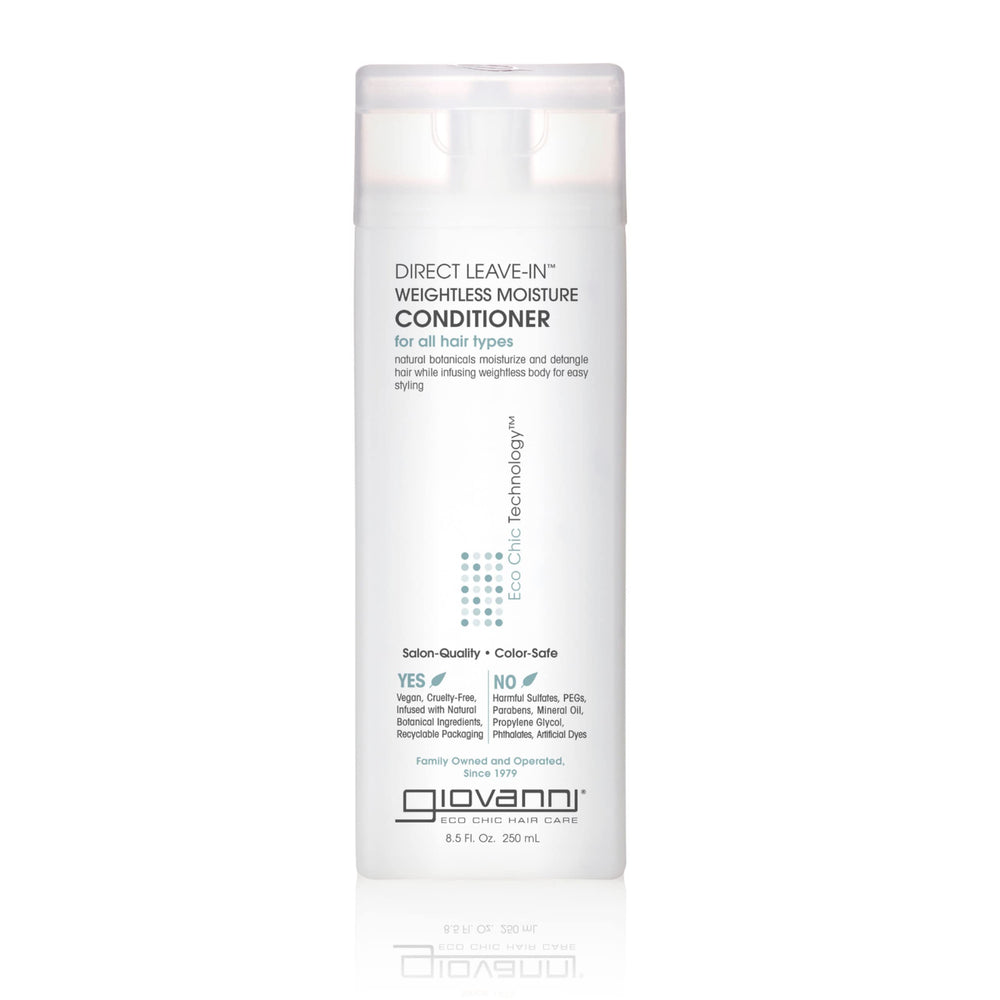 GIOVANNI Direct Leave-In : bouteille présentée, hydratation légère pour cheveux bouclés et texturés.