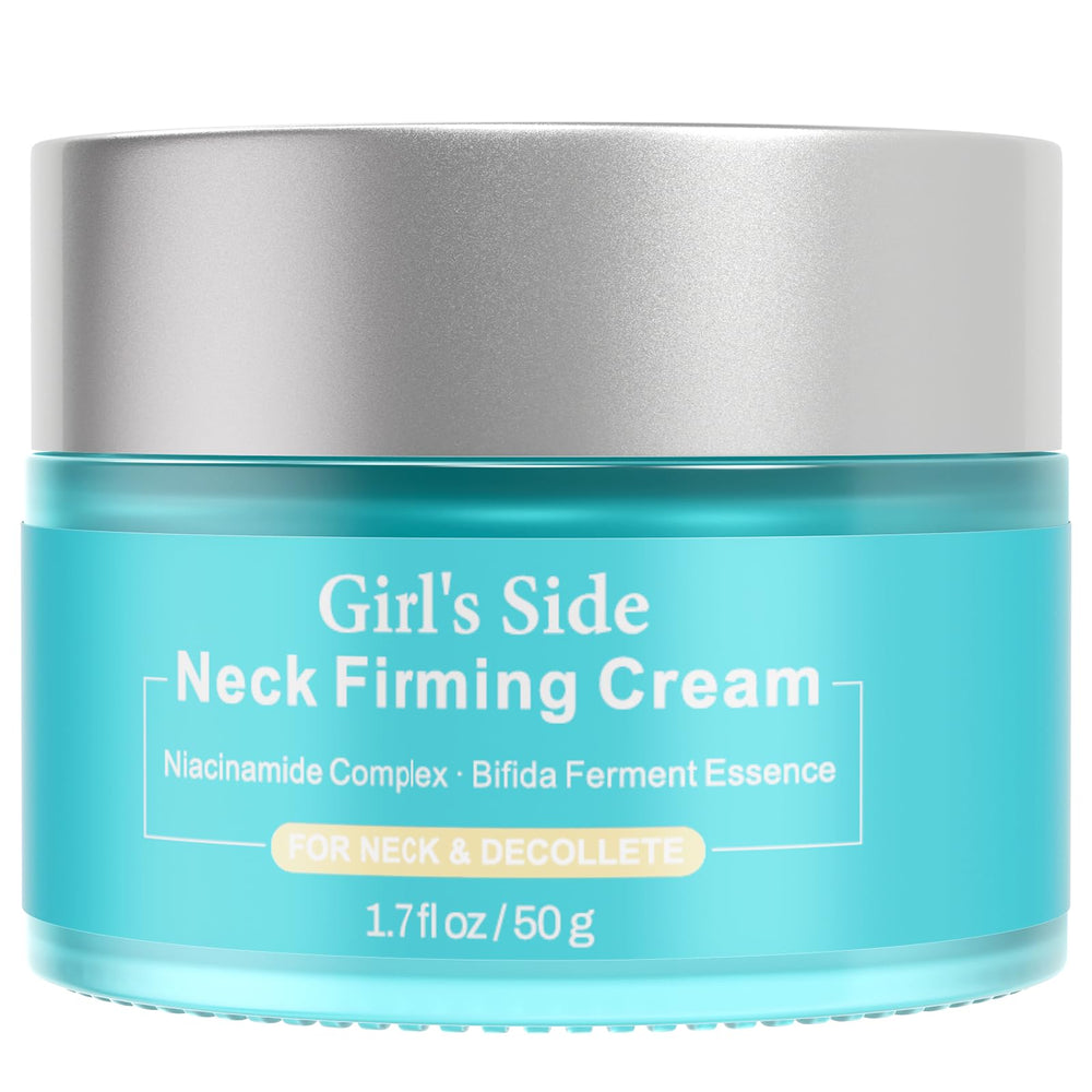 Girl's side bouteille de crème raffermissante pour le cou, hydratation durable.