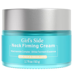 Girl's side bouteille de crème raffermissante pour le cou, hydratation durable.