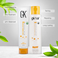 GK Hair shampoing pH clarifiant : nettoie et ouvre les cuticules pour lisser.