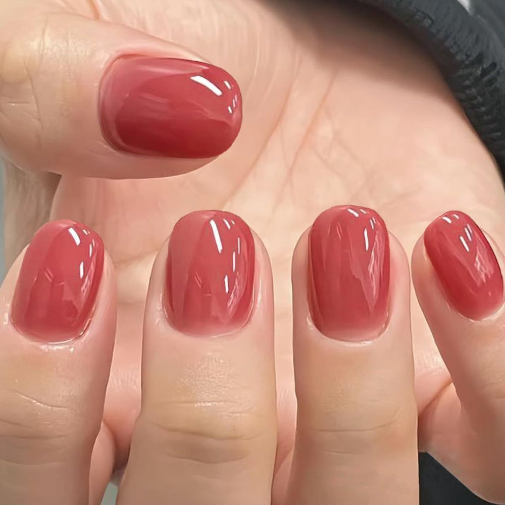 Ongles GLAMERMAID press-on rouge foncé, fini gel brillant, pratique à domicile.
