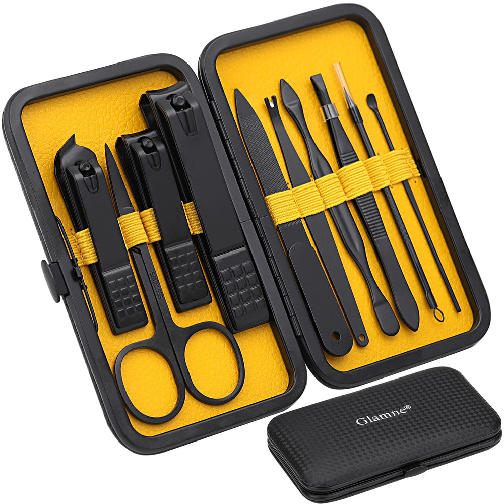 GLAMNE coffret manicure 10-en-1 avec étui jaune, pratique pour soins à domicile et en voyage