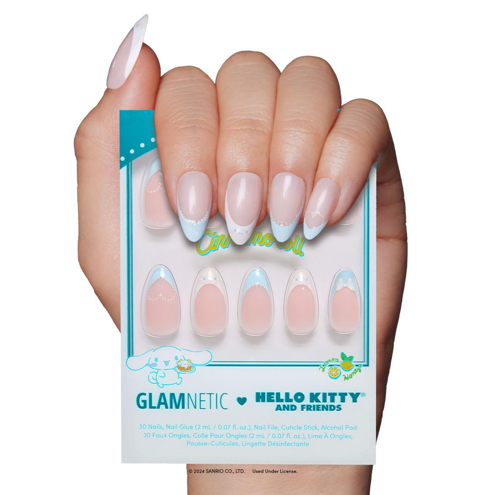 Glamnetic Hello Kitty Cinnamoroll face on nails for playful looks.