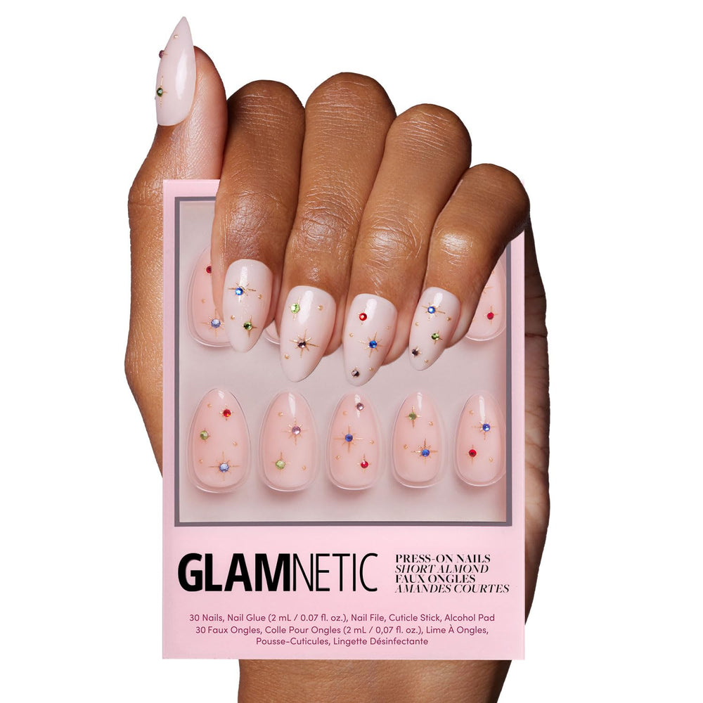 Glamnetic North Star nails with semi-transparent gems for luxe holiday sparkle